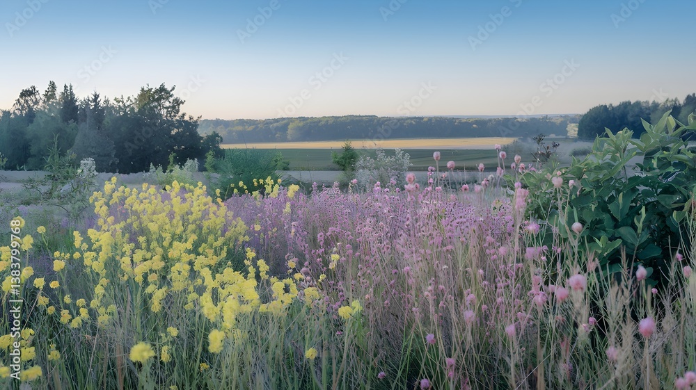 Wildflowers in a Vibrant Countryside Setting with Blue Sky Wildflowers in a Vibrant Countryside Setting with Blue Sky