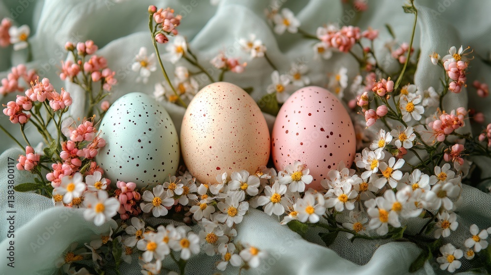 Decorative Easter eggs surrounded by spring flowers on soft fabric Decorative Easter eggs surrounded by spring flowers on soft fabric