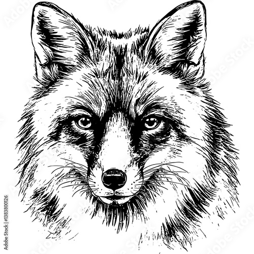 Sharp black and white portrait of a fox's face, capturing its intelligent gaze and pointed ears. Wild animal illustration.

