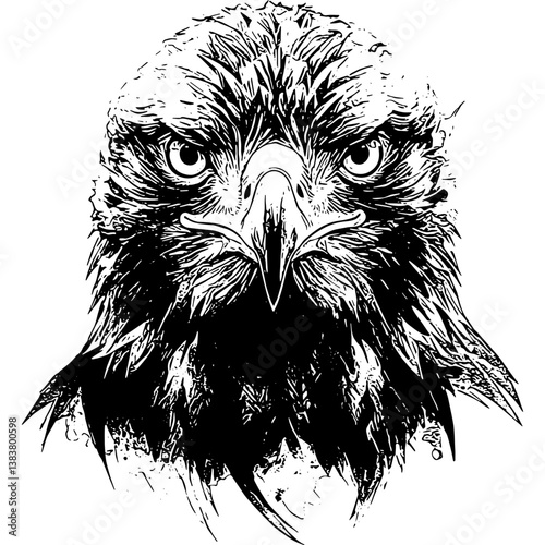 Detailed black and white portrait of an eagle's head, looking directly forward with intense eyes and sharp beak. Wildlife illustration.

