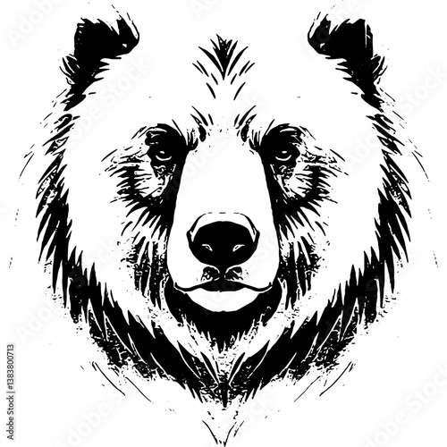Detailed black and white portrait of a grizzly bear's face, capturing its powerful features and fur texture. Wildlife illustration.

