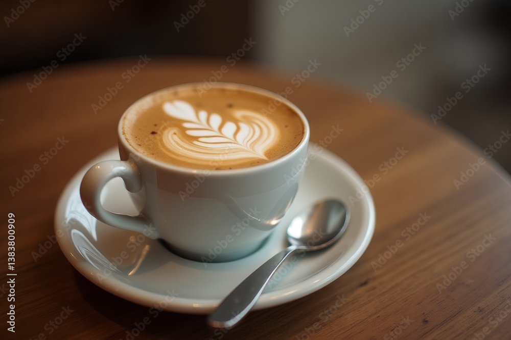 Close-up of a coffee cup with artistic latte art, featuring a delicate leaf pattern in foamed milk. Placed on a wooden table, showcasing coffee artistry Close-up of a coffee cup with artistic latte art, featuring a delicate leaf pattern in foamed milk. Placed on a wooden table, showcasing coffee artistry