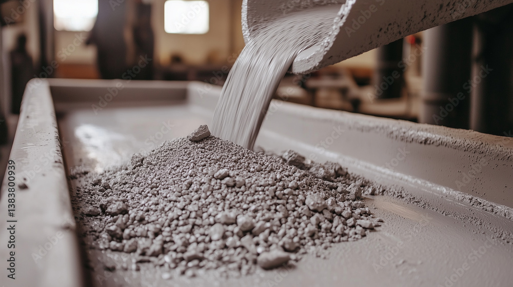 Close-up of a cement mixer's edge, coated in gray sludge, as raw stone pours from a conveyor.