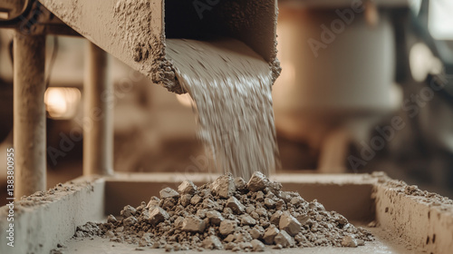 Close-up of a cement mixer's edge, coated in gray sludge, as raw stone pours from a conveyor.