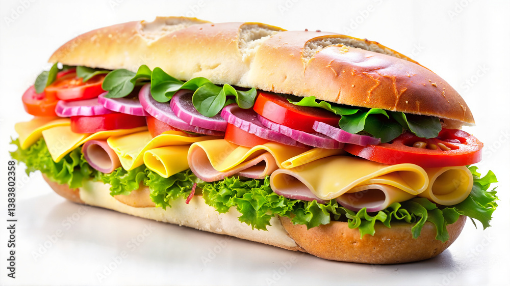 Sub sandwich with ham, cheese, tomato, and lettuce Sub sandwich with ham, cheese, tomato, and lettuce