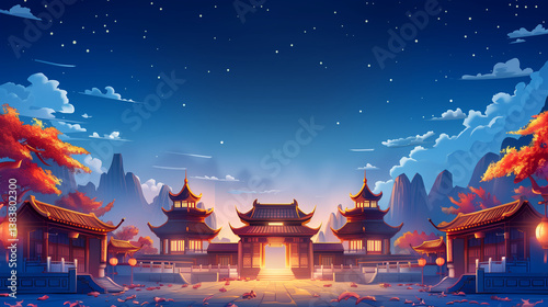 chinese temple in the night fantasy background