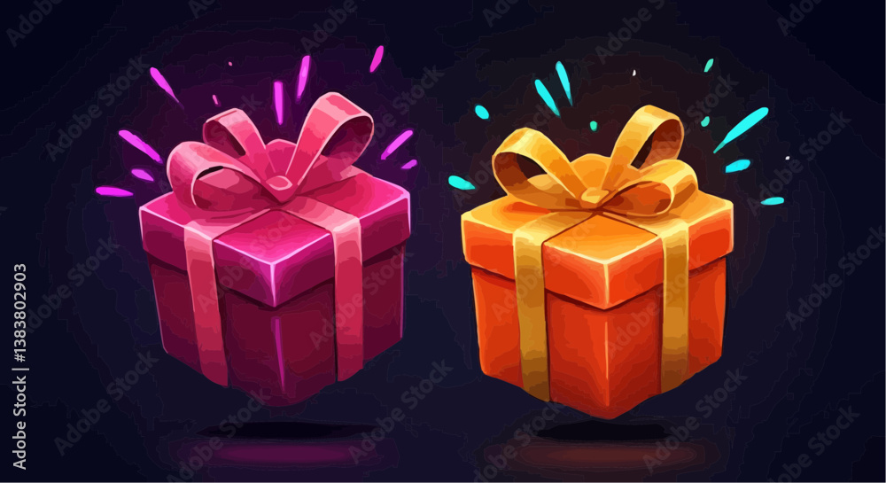 Using shades of pink, purple, and blue against a dark background, two cartoon-themed gift boxes float above a slightly dark surface, with neon accents highlighting the curves and texture of the boxes.