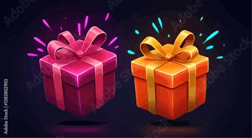 Using shades of pink, purple, and blue against a dark background, two cartoon-themed gift boxes float above a slightly dark surface, with neon accents highlighting the curves and texture of the boxes.