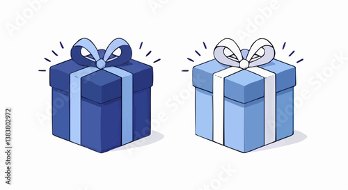 A simple vector illustration depicting two cardboard gift boxes on a white background. Both boxes are slightly raised, casting small, subtle shadows. The ribbons are slightly flattened. Vector 