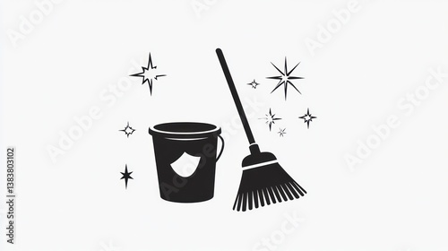 Cleaning supplies, broom, bucket, sparkle, white background, cleaning service illustration
