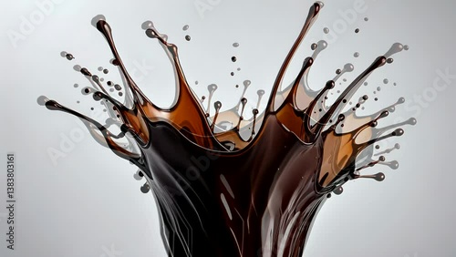 Splash of dark glossy liquid captured in mid-air motion with energetic burst and clean background. Beverage splash concept