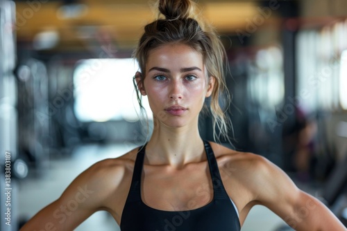 Portrait of a young female caucasian fitness trainer in workout attire at the gym Free Download Portrait of a young female caucasian fitness trainer in workout attire at the gym - GFXLoad