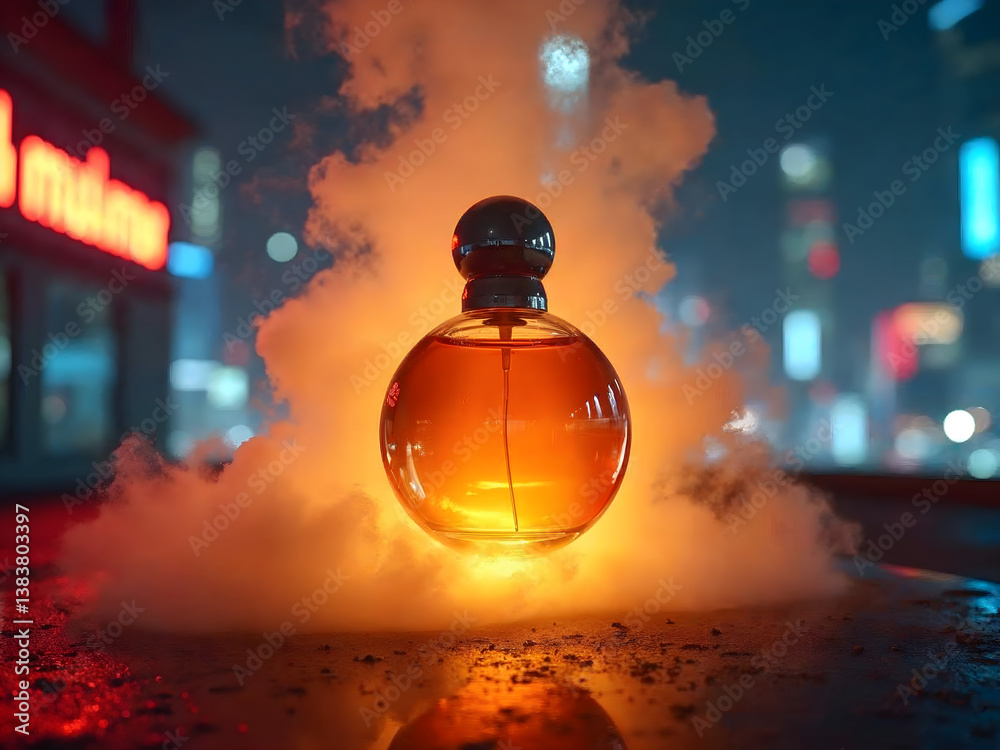 Amber Perfume Bottle Surrounded by Mysterious Fog in an Urban Setting Amber Perfume Bottle Surrounded by Mysterious Fog in an Urban Setting
