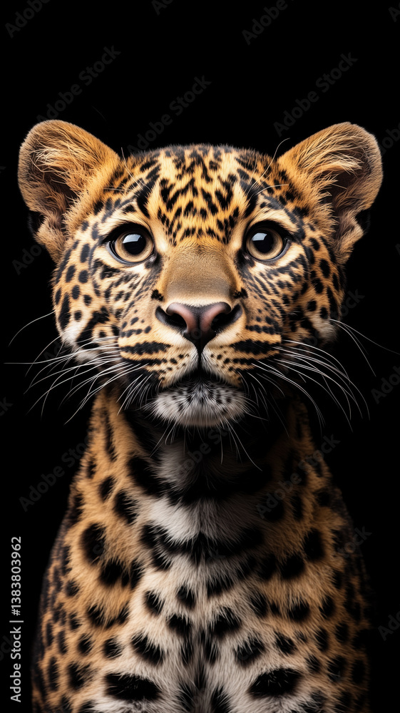 Adorable and intense front-facing leopard cub portrait with photorealistic detail and captivating eyes, set on black.
Adorable and intense front-facing leopard cub portrait with photorealistic detail and captivating eyes, set on black.