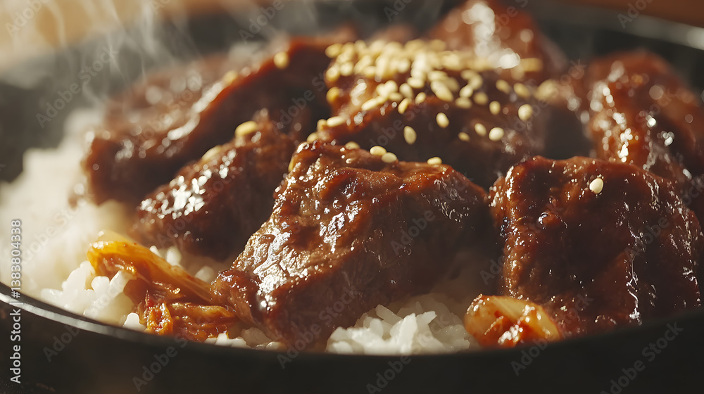 Steaming bowl of rice topped with glazed meat, sprinkled with sesame seeds, and served with a side of kimchi. A delicious and comforting meal. Steaming bowl of rice topped with glazed meat, sprinkled with sesame seeds, and served with a side of kimchi. A delicious and comforting meal.