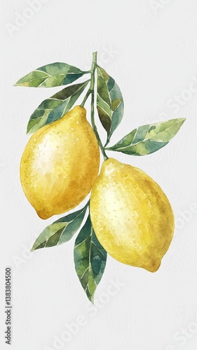 Watercolor illustration of a lemon branch with two bright yellow lemons and green leaves against a light background. The design showcases a vibrant citrus theme, perfect for kitchens or cafes