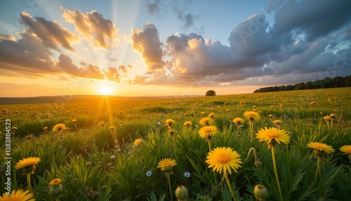 Stunning sunset over a vast meadow filled with blooming dandelions. The sky is adorned with dramatic clouds as the sun dips below the horizon, casting a warm glow across the landscape.