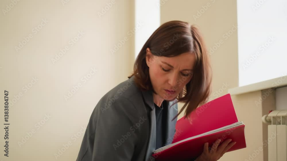 Focused businesswoman wearing blazer sorting documents into red folder in indoor office space highlighting professional organization task management and daily routine in workplace Focused businesswoman wearing blazer sorting documents into red folder in indoor office space highlighting professional organization task management and daily routine in workplace