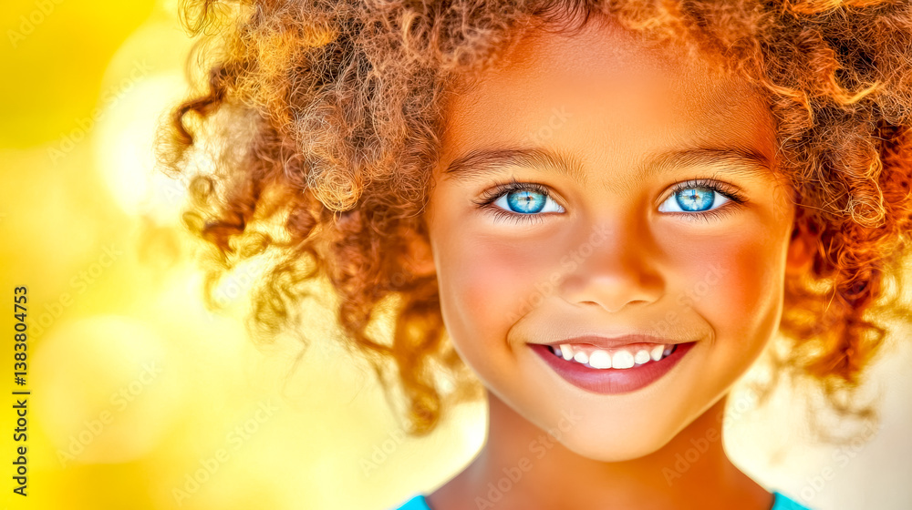 Fototapeta premium Portrait of smiling child with big blue eyes and curly hair showing happiness