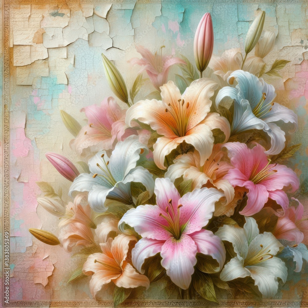 Fototapeta premium Dreamy floral composition with 3D lilies, fine gold trim, and a nostalgic pastel background with crackle textures and faded handwritten letters