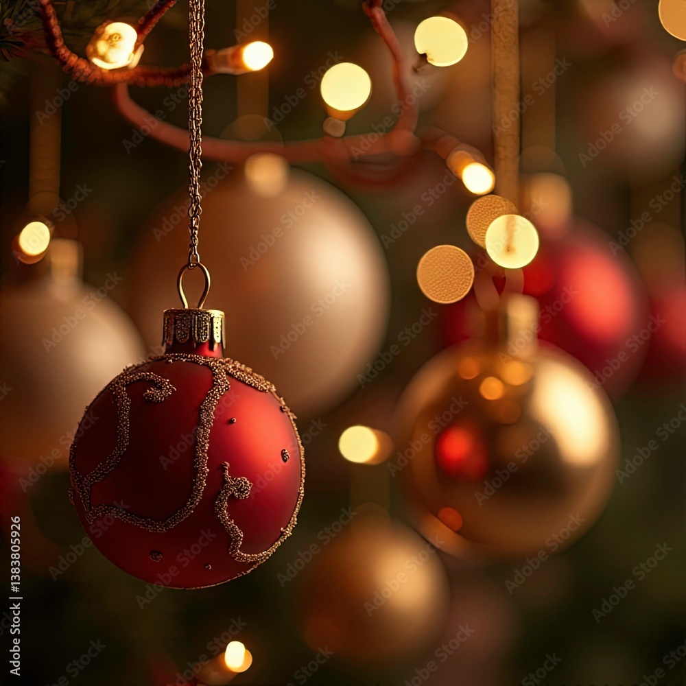 Fototapeta premium Close-up Beautiful Traditional Elegant Festive Shiny&nbsp;Hanging&nbsp;Red and Gold