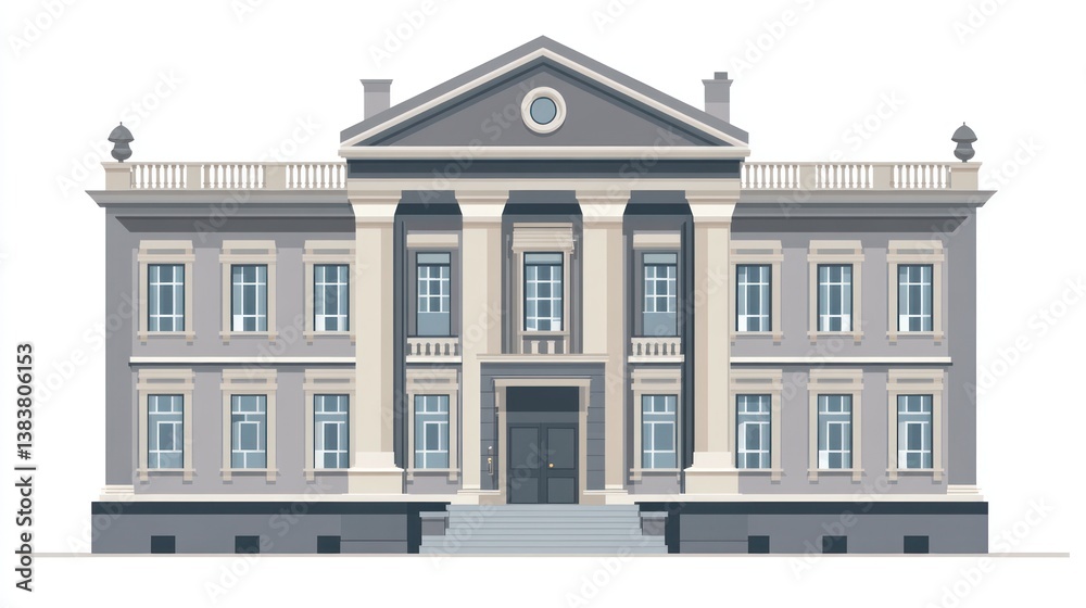 Fototapeta premium Grand Mansion Facade, Neoclassical Style, Cityscape Background, Architectural Design Illustration