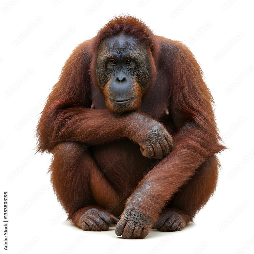 Bornean Orangutan Sitting Isolated on White Background Bornean Orangutan Sitting Isolated on White Background