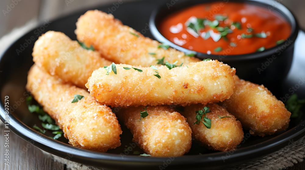 Crispy fried mozzarella sticks served with a spicy chili sauce on the side, perfect for sharing with friends. Crispy fried mozzarella sticks served with a spicy chili sauce on the side, perfect for sharing with friends.