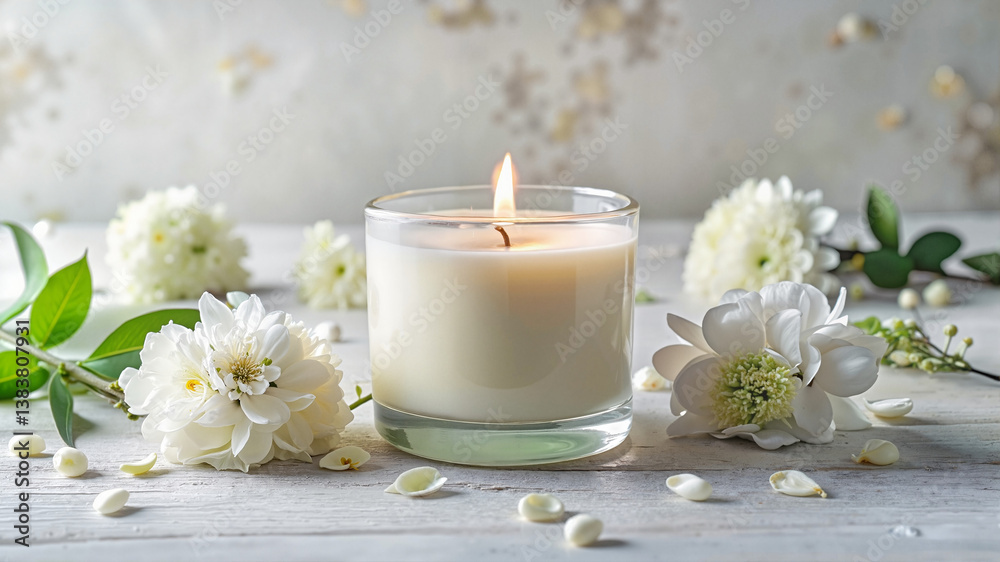 White candle with jasmine flowers on soft background White candle with jasmine flowers on soft background