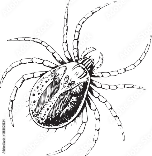 Spider mite Black and White Vector Illustration, Sketch Drawing Line Linear Engraving, Hand-drawn Isolated