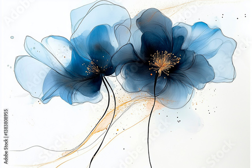 A delicate digital watercolor illustration of two translucent flowers, one pink and one blue, with gold accents on their centers and flowing golden stems. The soft, ethereal petals create an elegant 