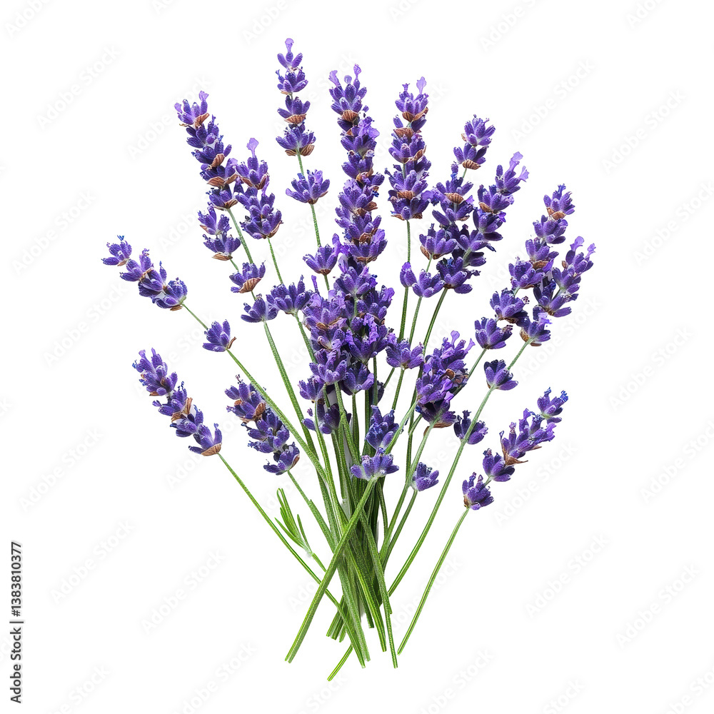 Fototapeta premium Fresh lavender bouquet on a clean Transparent background showcasing vibrant purple blossoms and green stems, Lavender isolated PNG background
