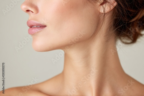 Close-up of perfect female chin, lips and neck showing ideal skin