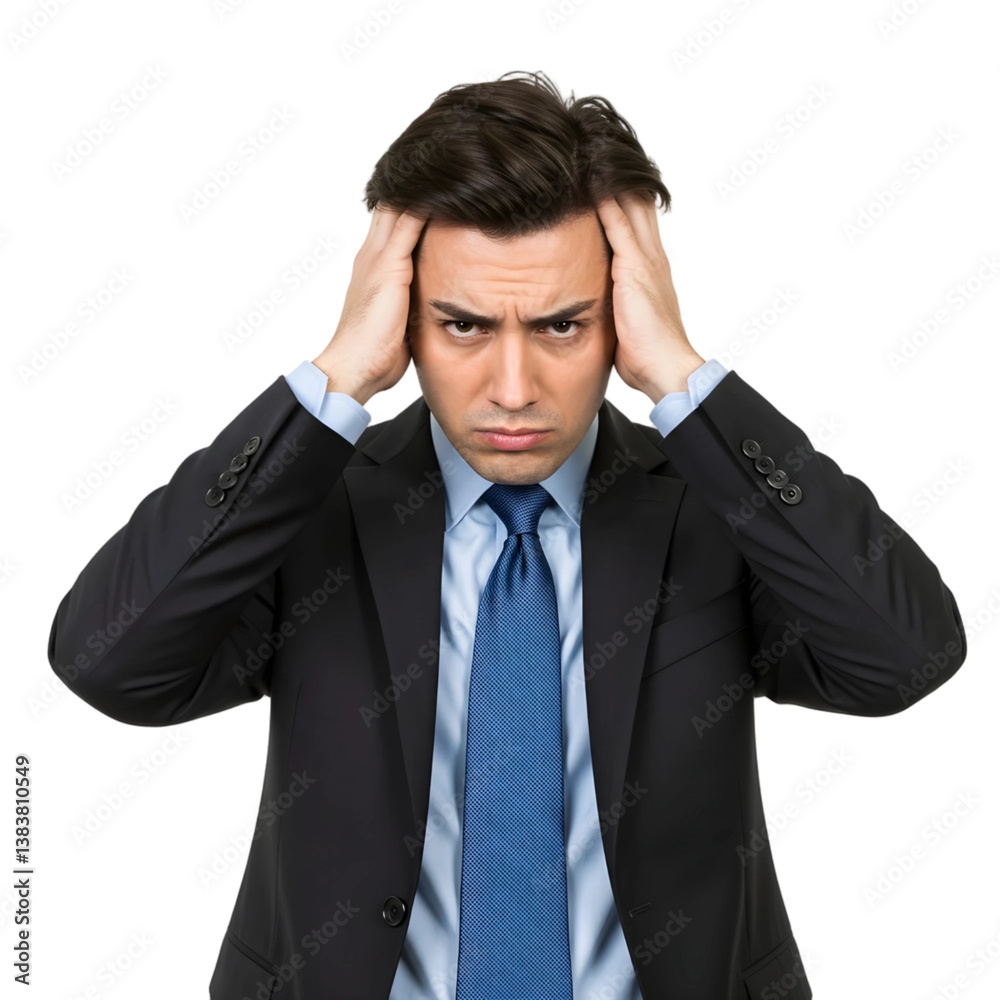 Stressed businessman in a formal suit holding his head with hands, eyes closed, expressing frustration. Isolated on a white background, the concept of stress at work Stressed businessman in a formal suit holding his head with hands, eyes closed, expressing frustration. Isolated on a white background, the concept of stress at work