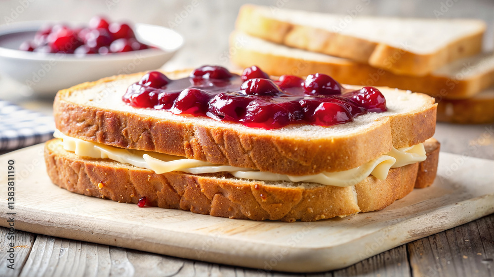 Toast with cherry jam on white plate Toast with cherry jam on white plate