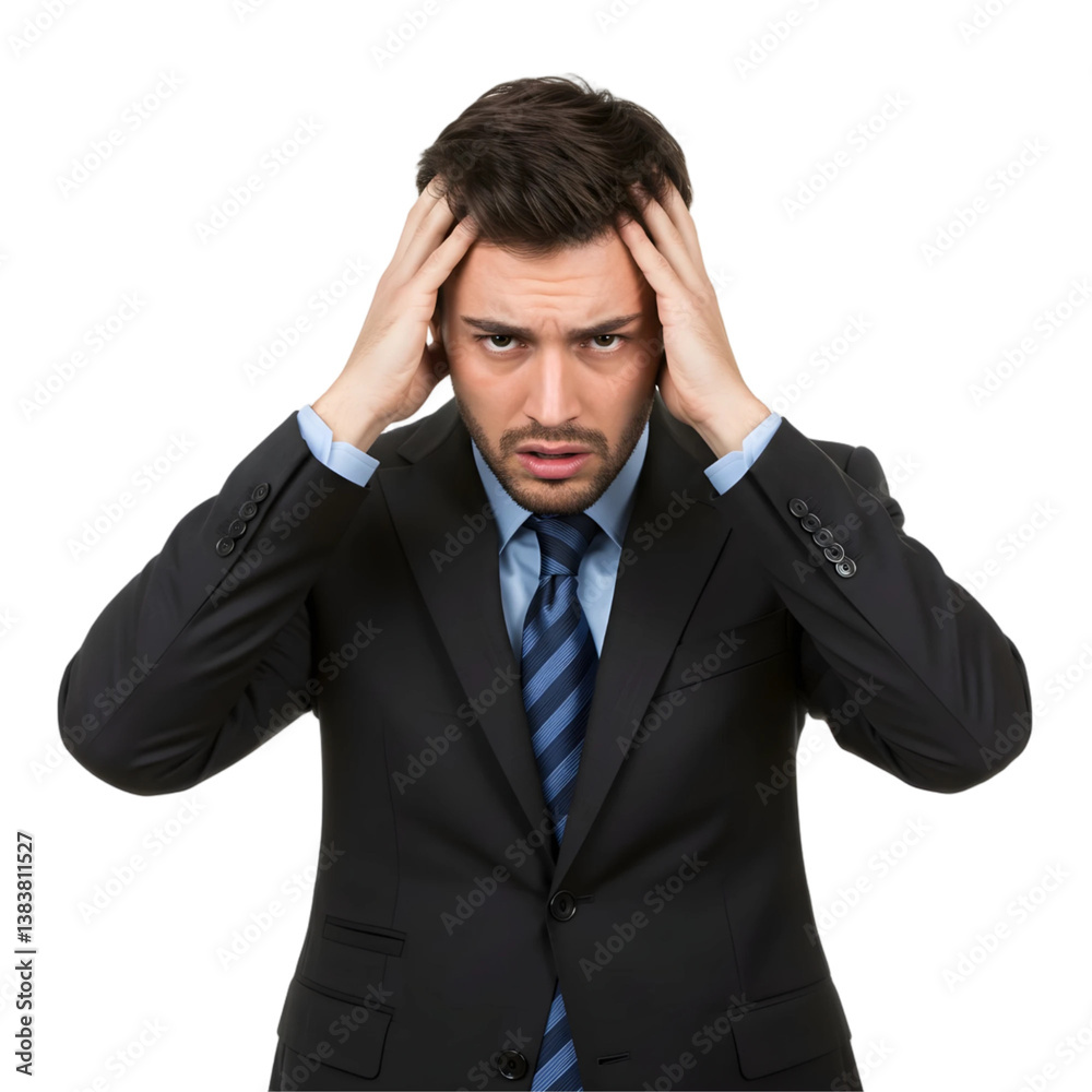 Stressed businessman in a formal suit holding his head with hands, eyes closed, expressing frustration. Isolated on a white background, the concept of stress at work Stressed businessman in a formal suit holding his head with hands, eyes closed, expressing frustration. Isolated on a white background, the concept of stress at work
