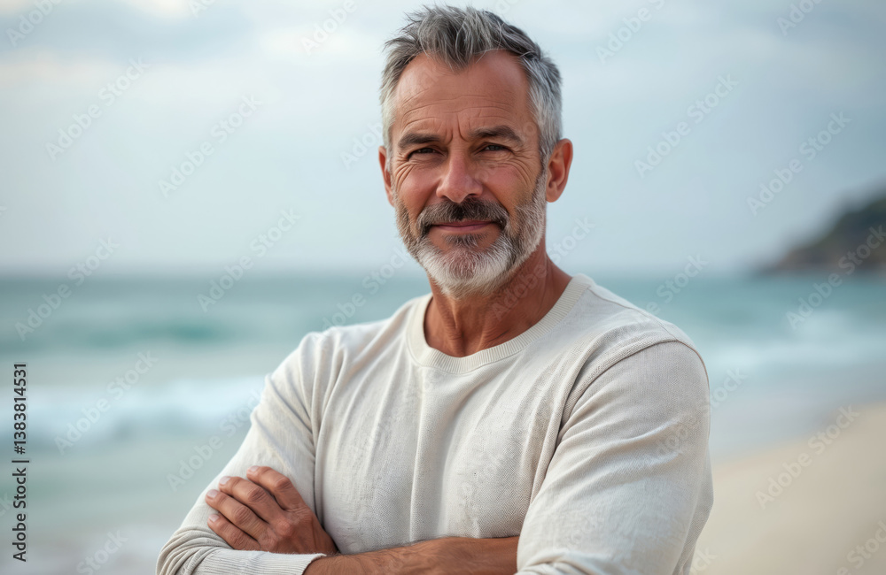 Outdoor portrait of confident mature man looking camera. Middle-aged male with grey hair, beard smiles. Man with crossed arms on beach, smiling toothy. Successful, attractive, happy, positive face Outdoor portrait of confident mature man looking camera. Middle-aged male with grey hair, beard smiles. Man with crossed arms on beach, smiling toothy. Successful, attractive, happy, positive face