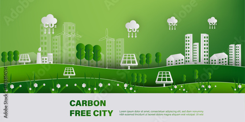 green clean eco friendly net zero township concept with nature, wind mil, solar energy icons, carbon emission, 