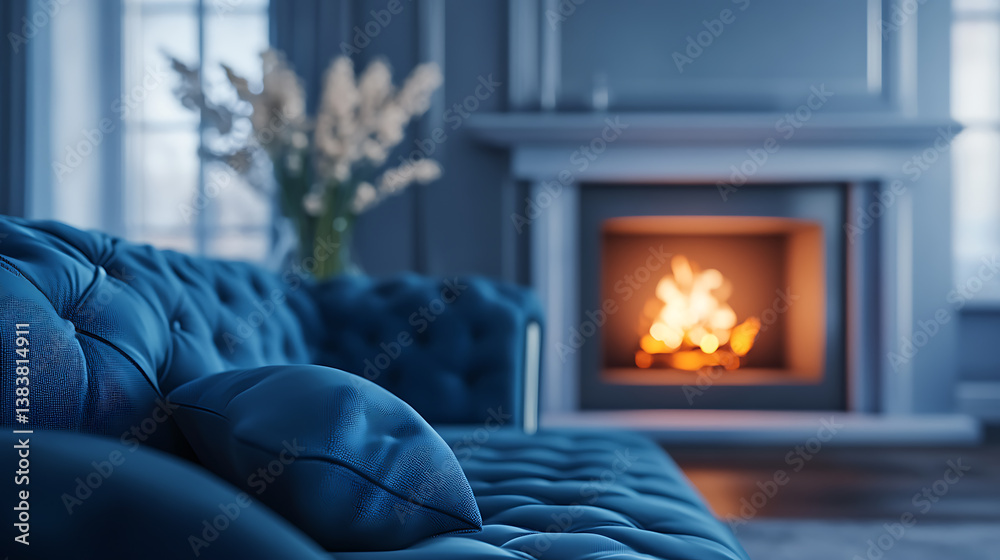 Fototapeta premium Defocused living room background with blue sofa and fireplace