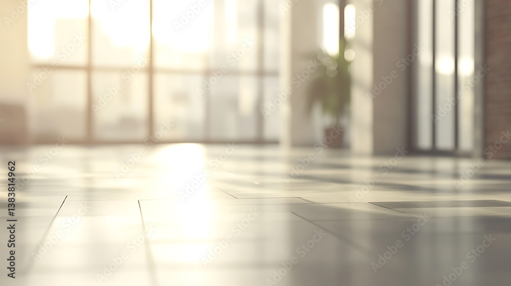 Fototapeta premium Defocused modern open space office with large bright windows in downtown district