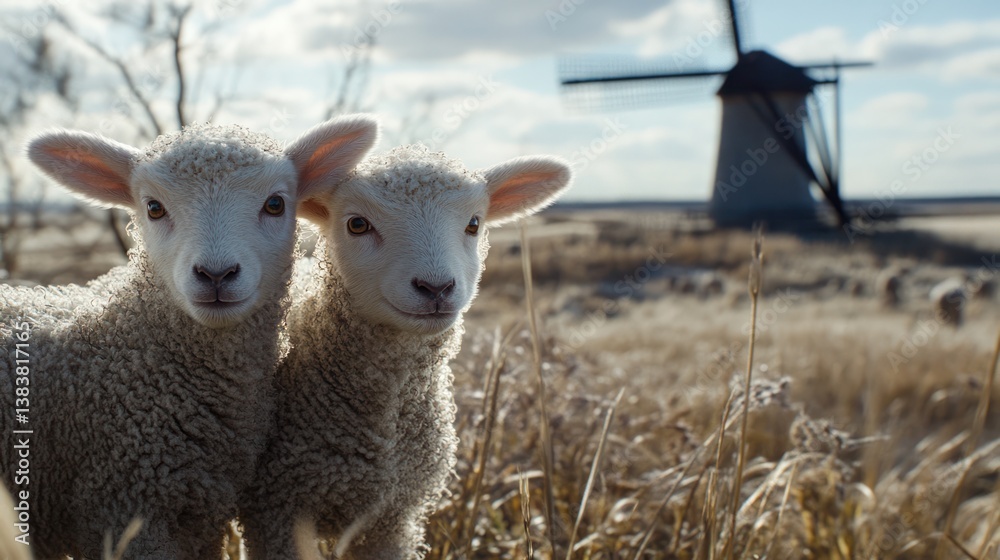 Fototapeta premium Two lambs in field, windmill background, rural spring scene, idyllic farm