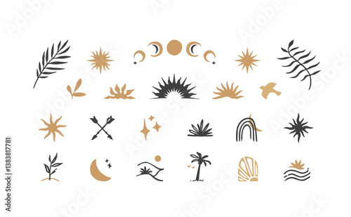 Mystical boho icon set. Celestial and natural design elements, perfect for web, cover stories, printing and posts. Isolated abstract vector symbols on white background.