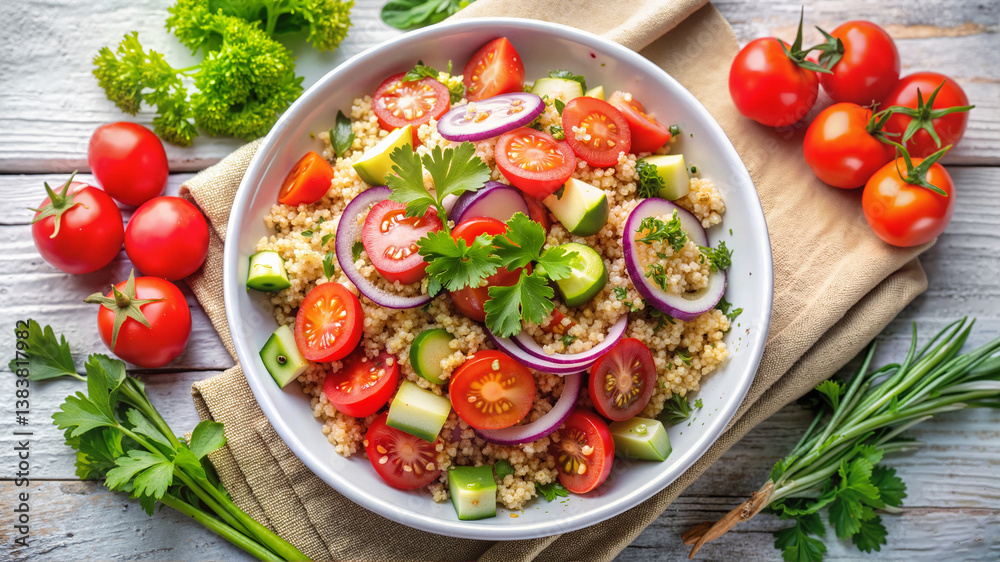 Fresh tomato salad with greens and herbs on plate Fresh tomato salad with greens and herbs on plate
