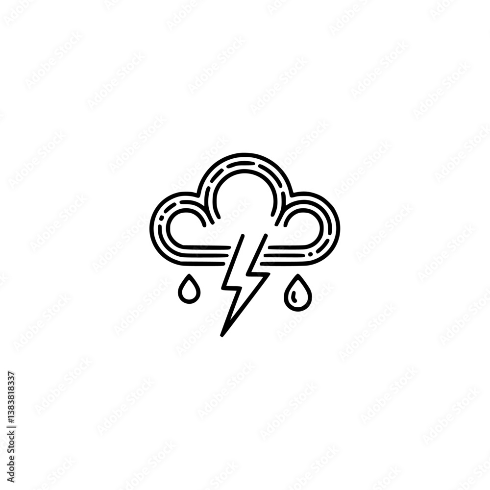 Minimalist Storm Icon: Cloud, Lightning, & Rain - Line Art Illustration Minimalist Storm Icon: Cloud, Lightning, & Rain - Line Art Illustration