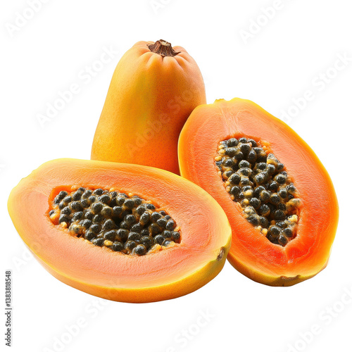 Fresh papaya fruit cut in half on Transparent background showcasing vibrant orange flesh and black seeds, papaya isolated on PNG background