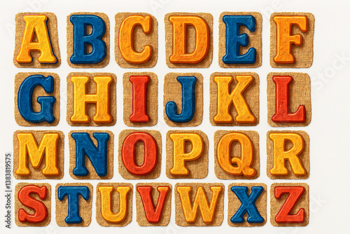 Alfabeto com letras texturizadas coloridas em estilo rústico e festivo