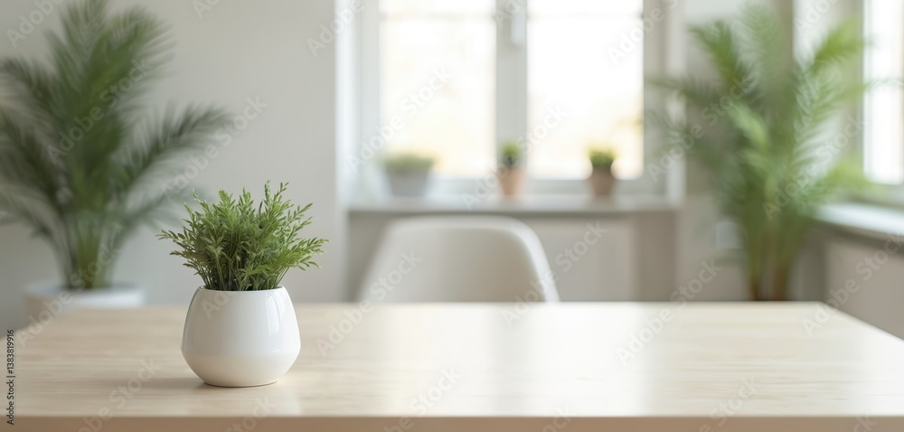 Fototapeta premium Blurred office interior with natural light. Empty table, white chair near window with potted plants. Neutral workspace, clean background for business projects. Modern home interior, minimalist