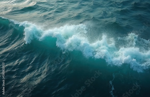 Aerial shot of ocean wave. Turquoise blue water with splash, foam, white crest, rough texture. Power, motion, abstract, nature, sea, wallpaper, travel, vacation, background, summer. Pure, clear, deep.