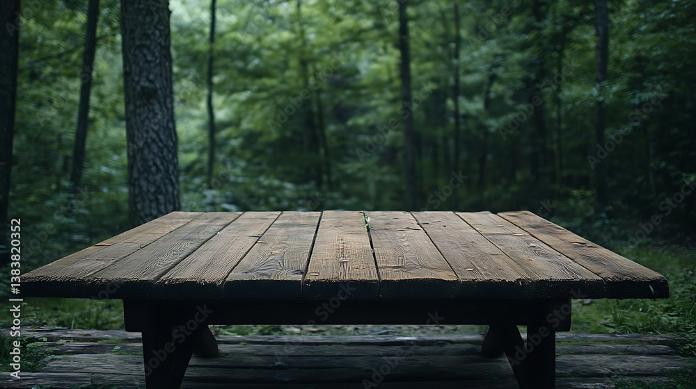 Empty wooden table in front of green forest background, ready for product display montage Empty wooden table in front of green forest background, ready for product display montage