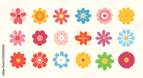 Collection of flat colorful decorative flowers in various shapes. Hand-drawn floral elements